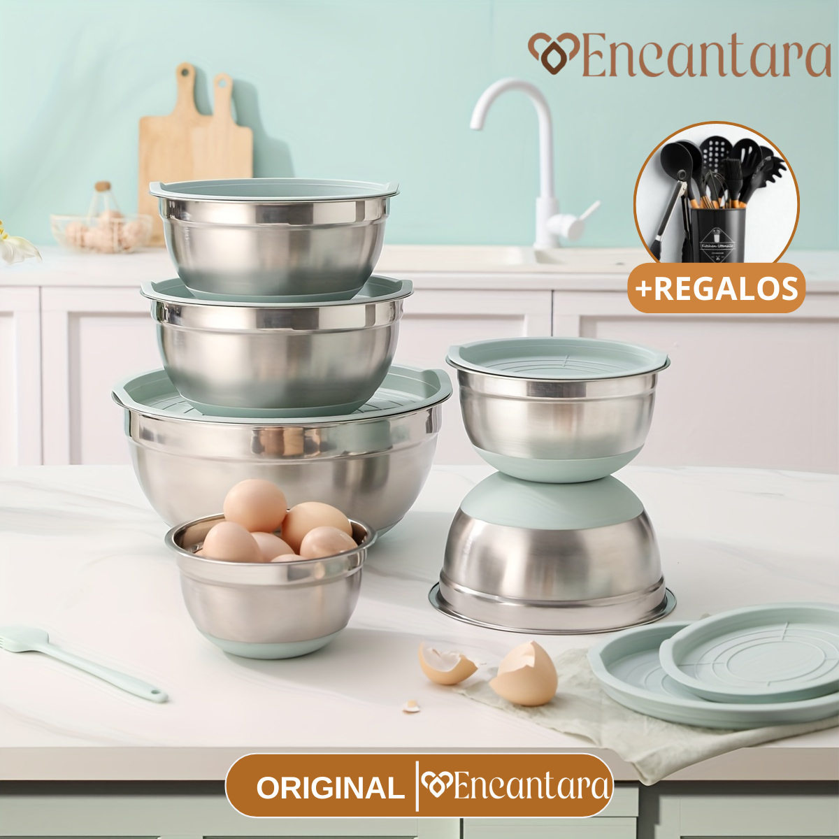 Conjunto de 6 Recipientes de Acero Inoxidable con Tapas de Silicona Multifuncionales +REGALOS: Kit de Utensilios de Cocina