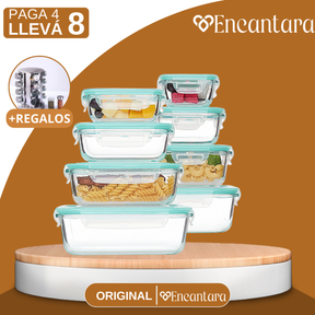 [PAGÁ 4 LLEVÁ 8] Conjunto de Recipientes de Vidrio con Tapa Antiderrame + REGALO: Porta Condimentos