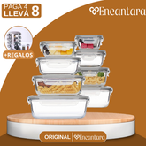 [PAGÁ 4 LLEVÁ 8] Conjunto de Recipientes de Vidrio con Tapa Antiderrame + REGALO: Porta Condimentos