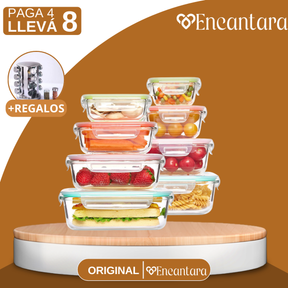 [PAGÁ 4 LLEVÁ 8] Conjunto de Recipientes de Vidrio con Tapa Antiderrame + REGALO: Porta Condimentos