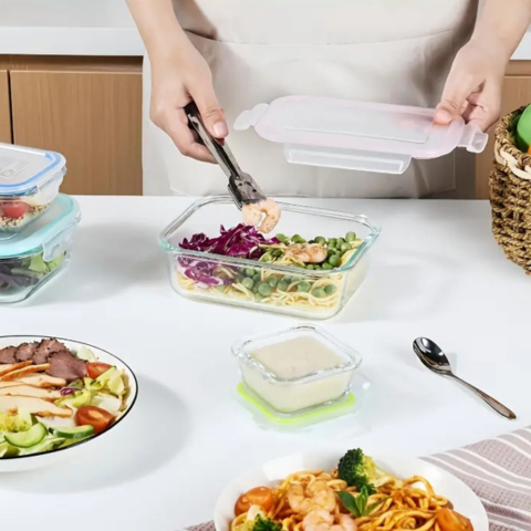 [PAGÁ 4 LLEVÁ 8] Conjunto de Recipientes de Vidrio con Tapa Antiderrame + REGALO: Porta Condimentos