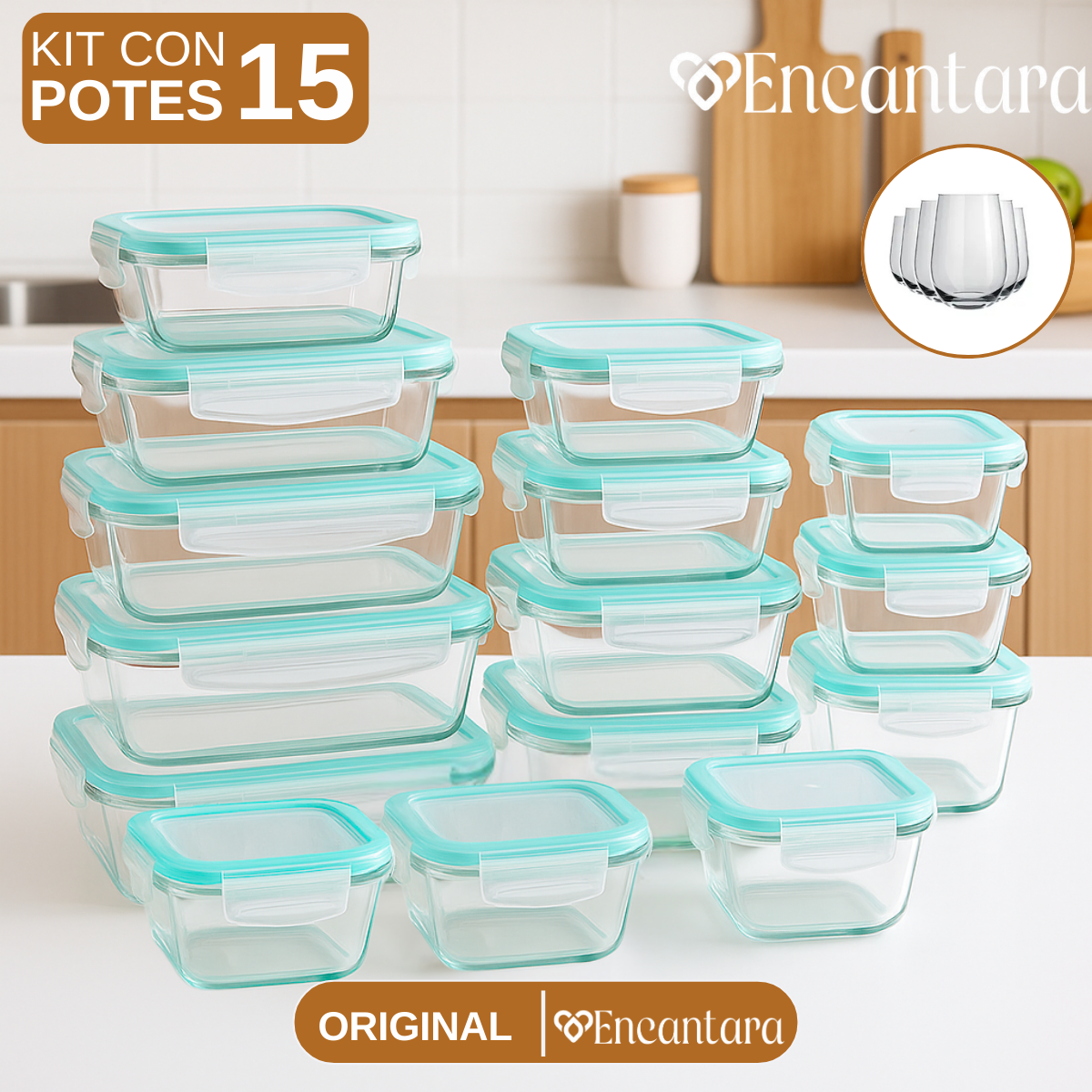 Kit de 15 Potes Herméticos de Vidrio +  Regalos: 10 Vasos de Vidrio Aruba